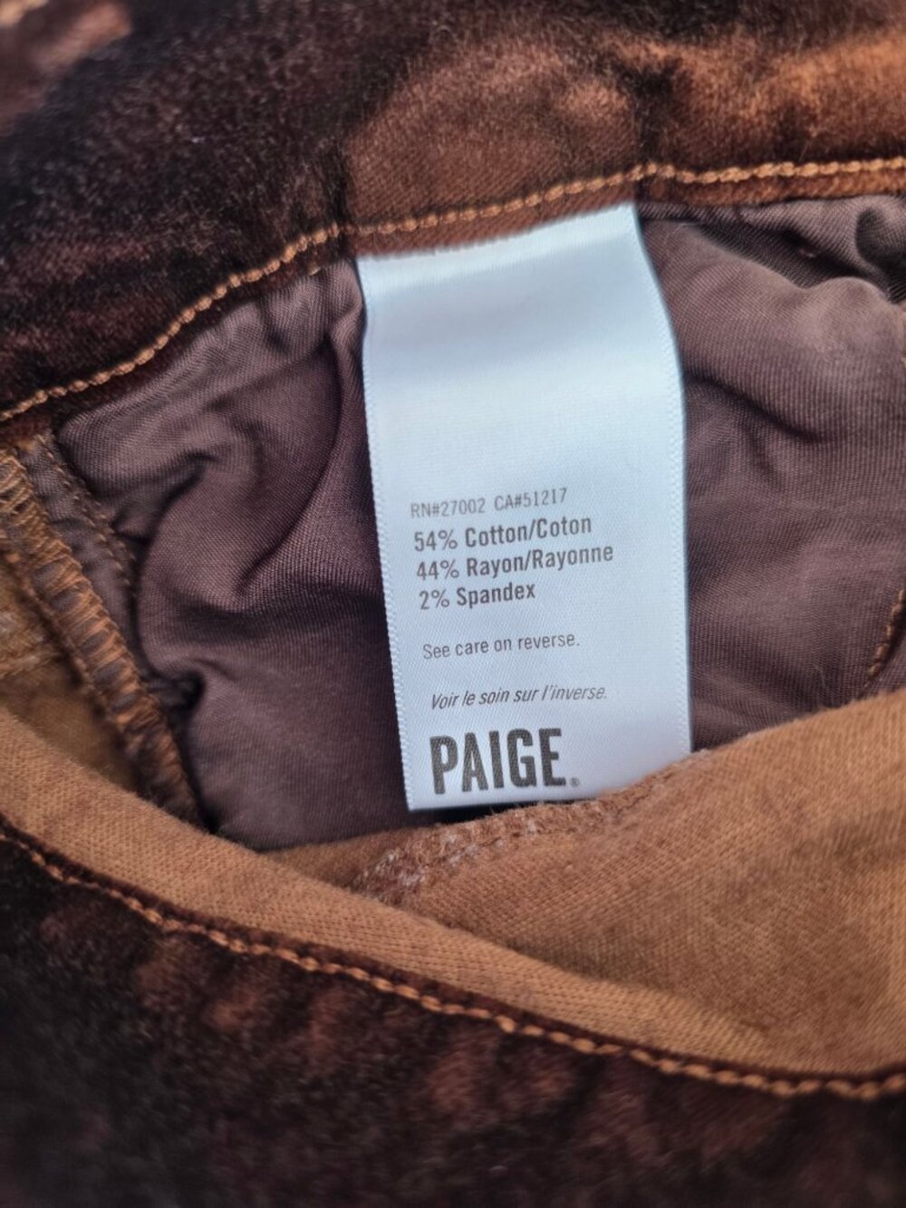 PAIGE Chicory Coffee Velvet Slim Straight Pants Womens Sz 28 Slit Hem Stretch - Picture 8 of 10